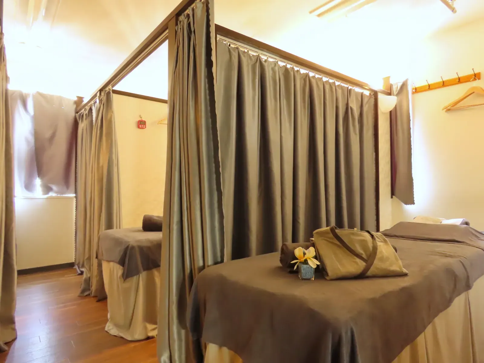 Curtained seats along the main room
