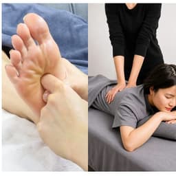 Left, thumbs on the sole of a foot. Right, hands on the shoulders and back, guest in our loungewear
