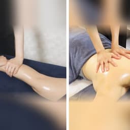 Left, hands with oil on the calf and ankle. Right, hands on an oiled back