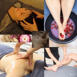 Four images together — head, foot bath, back and legs