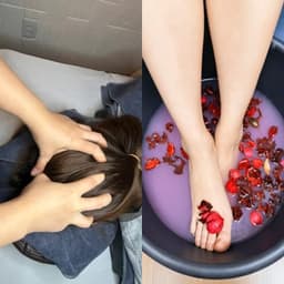 Left, hands on the head from above. Right, a foot bath with flower petals
